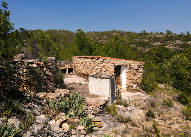 Masia de pedra amagada entre bancals i pins a Benifallet