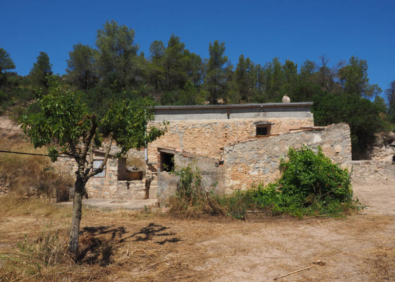 Mas de pedra entre ametllers amb façana sud-est i entorn natural