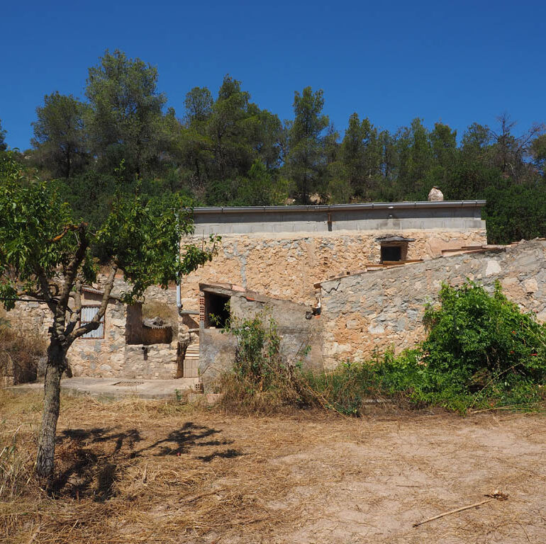 Mas de pedra entre ametllers amb façana sud-est i entorn natural